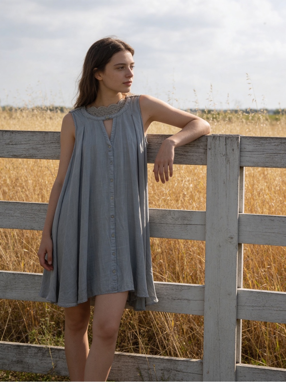 Umgee | Women’s Boho Crochet Yoke Sleeveless Swing Dress - Dusty Blue | M